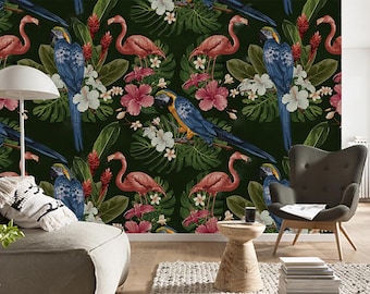 Pink Flamingo Floral Wallpaper: Vintage Art Deco Botanical Mural