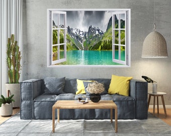 Papier peint 3D représentant une fenêtre : paysage de lac et de forêt