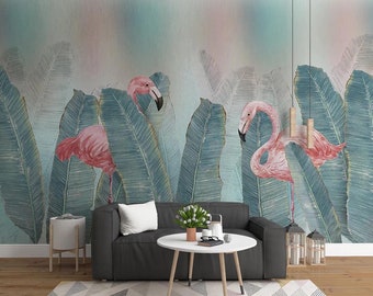 Watercolor Style Flamingo Wallpaper, Tropical Leaves Wallpaper, Flamingo and Leaves Wallpaper, Leaves Botanical Wallpaper