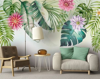 Tropical Leaves Wallpaper: Scandinavian Green Floral Wall Mural