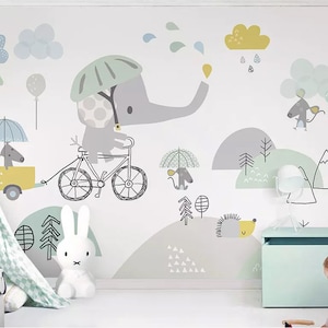 Sfondo Murale Bambini Cartone animato scandinavo Elefante a cavallo Bicicletta Wall Art, Murale murale per vivaio