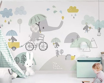 Wallpaper Mural Kids  Scandinavian Cartoon Elephant Riding Bicycle Wall Art, Wall Mural for Nursery