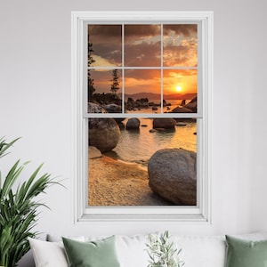 Calcomanía de pared con efecto ventana 3D con vista al mar y puesta de sol