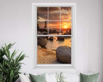 Sticker mural 3D effet fenêtre coucher de soleil sur la mer