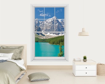 Décalcomanie murale 3D pour fenêtre avec vue sur le lac : autocollant paysage de montagne