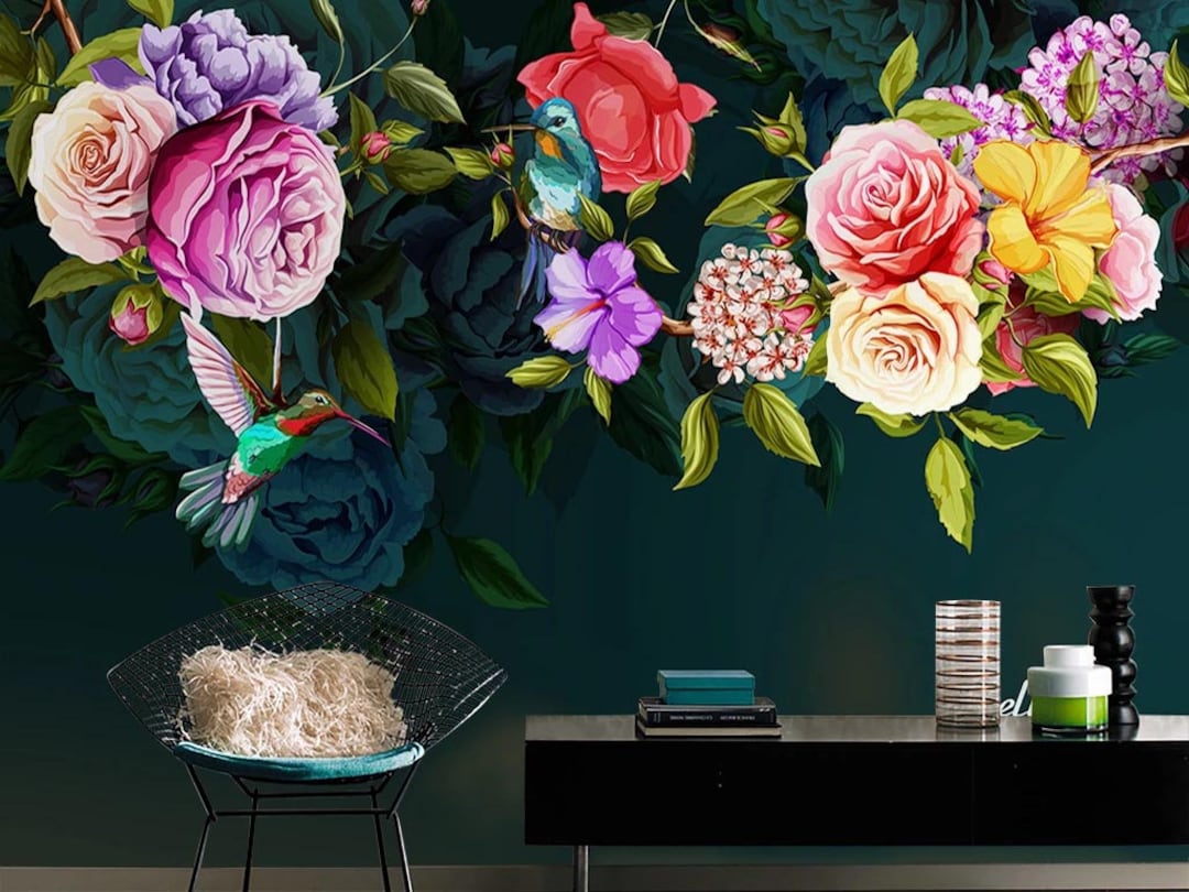Dark Floral Wallpaper Mural: Retro Rose & Bird Wall Art - Etsy