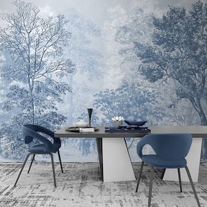 Carta da parati staccabile e incollata con alberi floreali blu, carta da parati della foresta blu, carta da parati autoadesiva degli alberi blu, carta da parati minimalista della foresta blu