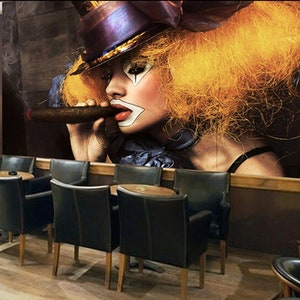 Clown Donna Che Fuma Sigaro Carta da parati, Clown Donna Arte Moderna Carta da parati, Carta da parati per Cafe, Walllpaper per Bar