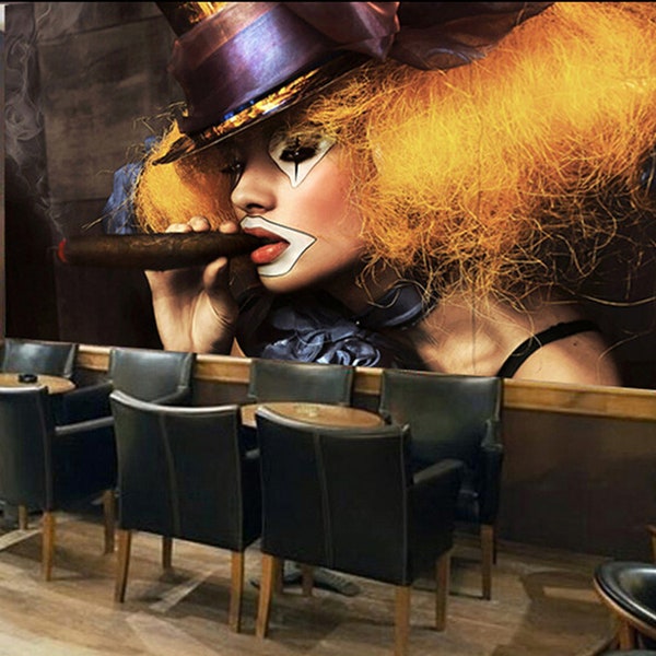 Clown Woman Smoking Cigar Wallpaper, Clown Woman Modern Art Wallpaper, Wallpaper for Cafe, Walllpaper for Bar