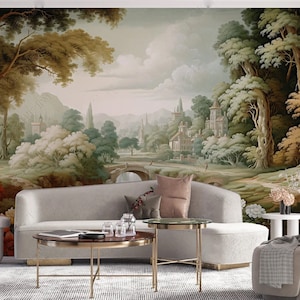 Forest Landscape Wallpaper Mural, Vintage Forest Mural Wallpaper, Removable Peel and Stick Vintage Wallpaper Mural, Custom Sizes Wallpaper