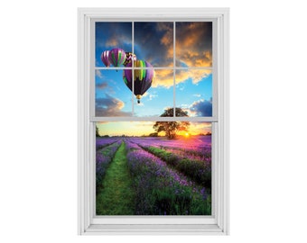 Décalcomanie murale 3D pour fenêtre, champ de lavande : montgolfières, vinyle à décoller et à coller