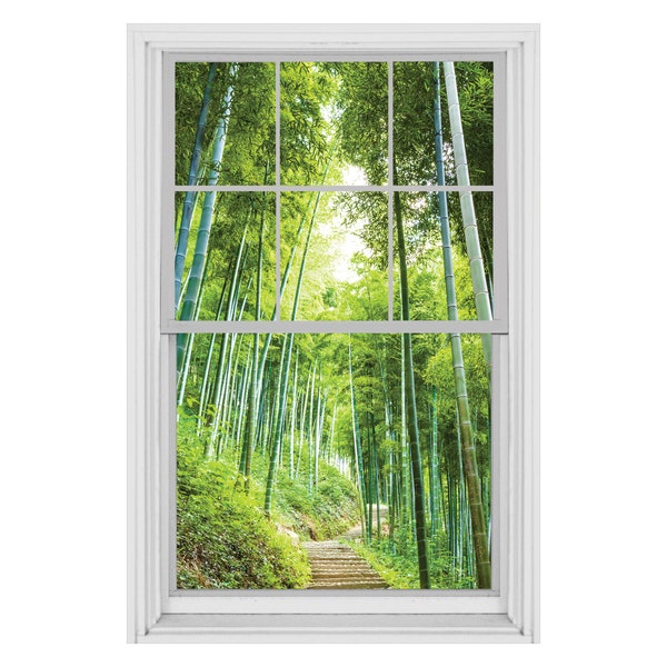 Bamboo Forest 3D Window Wall Decal, Forest View Faux Window Wall Decal, 3D Window Effect Forest Landscape Peel and Stick Wall Decal