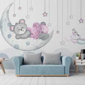 Cartoon Sleeping Bear Wallpaper, Pink Clothes Bear Kids Room Wallpaper, Bear Sleeping on the Moon Wallpaper, Cartoon Cute Bear Wall Mural