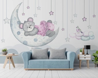Cartoon Sleeping Bear Wallpaper, Pink Clothes Bear Kids Room Wallpaper, Bear Sleeping on the Moon Wallpaper, Cartoon Cute Bear  Wall Mural