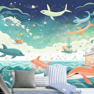 Carta da parati anime delfino balena, grande murale per la camera dei bambini, carta da parati per la camera dei bambini