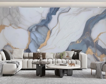 Sea Blue Marble Peel and Stick Wallpaper: Gilt Accent
