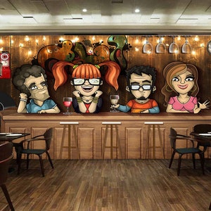 Sfondo Illustrazione Cartoon Persone in un bar Wall Art, Murale Murole
