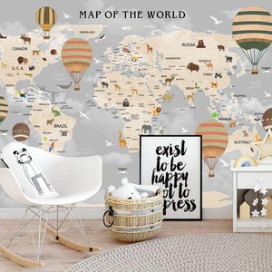 Wallpaper Mural World map with Wild Animals Cartoon World Map Wall Mural, Large Wallpaper
