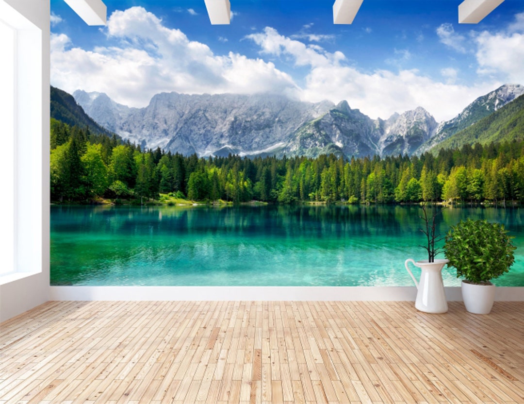 Wallpaper Lake, Mountain and Forest Landscape Wall Art, Wall Mural - Etsy