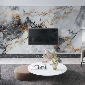 Papel pintado de mármol de lujo: textura blanca y gris, mural autoadhesivo