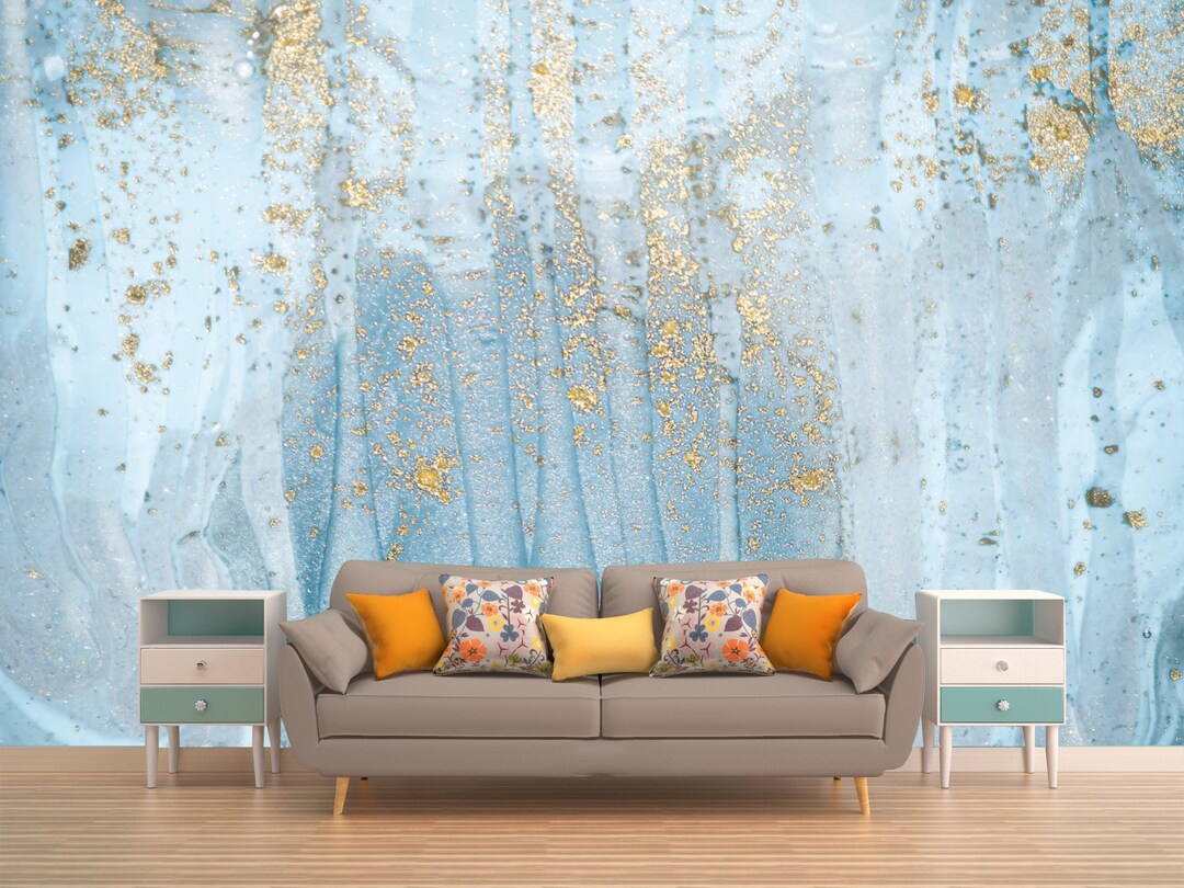 Abstract Blue and Gold Marble Texture Wallpaper II Wallpaper Mural Blue ...