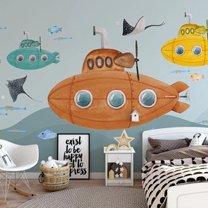Cartoon Submarine Kids Room Wallpaper Underwater and Submarine Wall Mural , Submarine Nursery Wallpaper