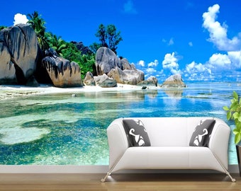 Island Ocean Sunset Wallpaper Mural: 3D Effect Wall Art