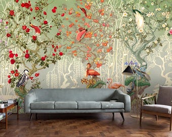 Chinoiserie bloemenbehang muurschildering: peel and stick of traditioneel