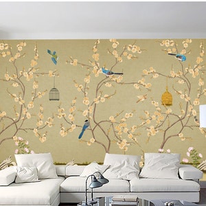 Chinoiserie Flowers and Birds Wallpaper II Chinoiserie Tree Branches Wallpaper II Birds and Flowers Chinoiserie Wall Mural