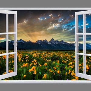 Grand Teton Fake Fenster Wandtattoo, Grand Teton Blick Wandtattoo, 3D Fenstereffekt Grand Teton National Park Peel and Stick Wandtattoo