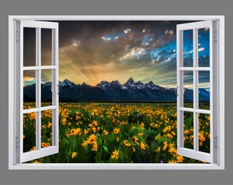 Vue sur le parc national de Grand Teton : sticker mural 3D effet fenêtre