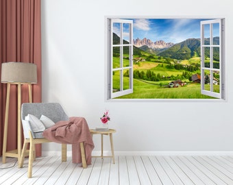 Vue 3D d'un village de montagne - Sticker mural autocollant pour fenêtre