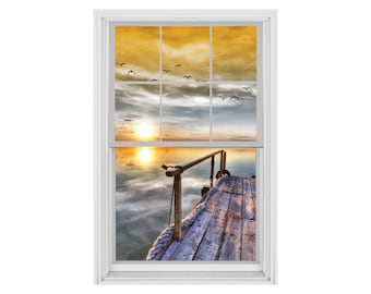 Décalcomanie murale 3D coucher de soleil vue quai : fausse fenêtre à retirer et à coller