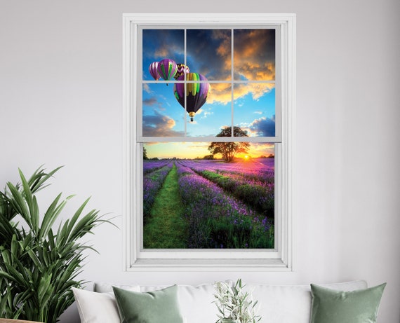 Lavendel Garten 3D Fenster Wandtattoo, Lavendel Fieald Faux Fenster  Wandtattoo, 3D Fenstereffekt Lavendel Garten und Luftballons Wandaufkleber