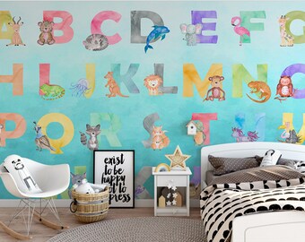 Alphabet Animal Kids Room Wallpaper Mural: Educational Nursery Decor