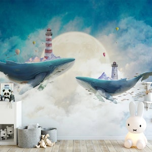 Nursery Wallpaper Mural Kids Scandinavian Cartoon Sky White Cloud Whale Kids Room Wall Art, Wall Mural
