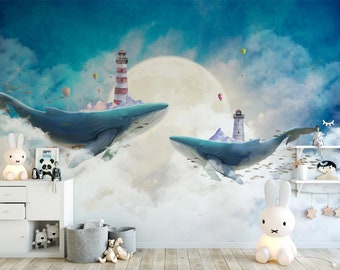 Nursery Wallpaper Mural Kids  Scandinavian Cartoon Sky White Cloud Whale Kids Room Wall Art, Wall Mural