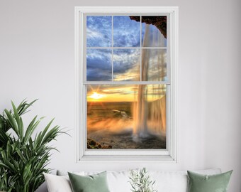 Décalcomanie murale 3D pour fenêtre, cascade Seljalandfoss : autocollant coucher de soleil