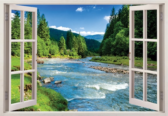 3D Window View River and Forest Landscape Wall Mural 3d Window Wall Decal