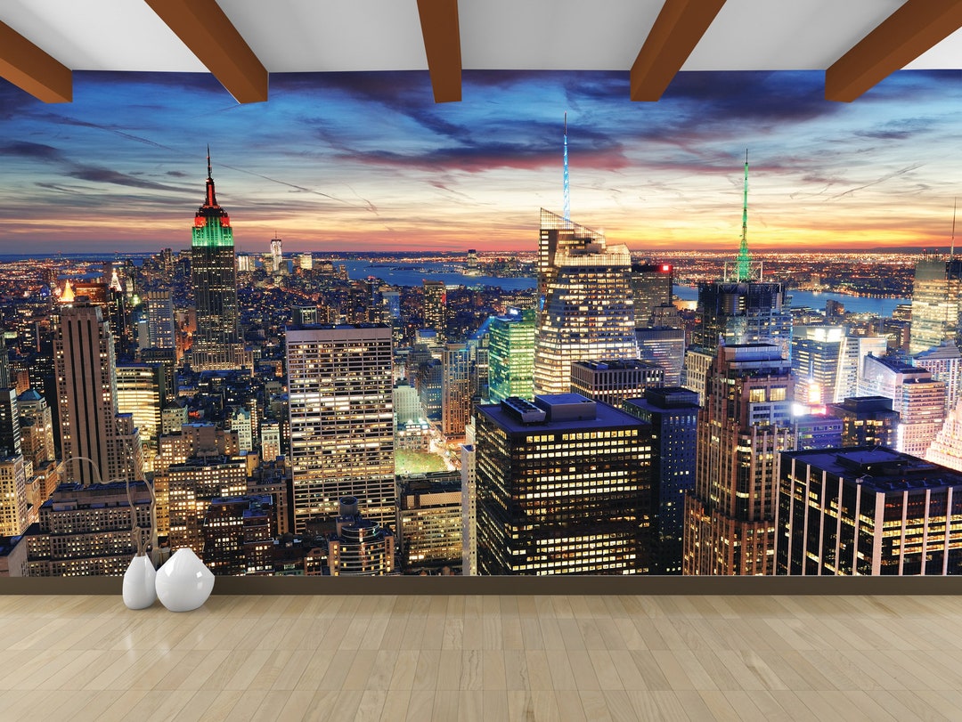 Wallpaper Mural City New York City Skyline With Skyscrapers at Sunset Wall Mural Etsy