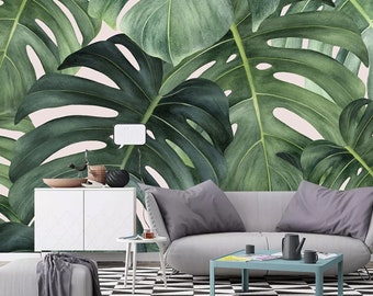 Wallpaper Scandinavian Tropical and Banana Leaves Wall Art, Banana Leaf Wall Mural,, Tropical Leaves Wall Mural