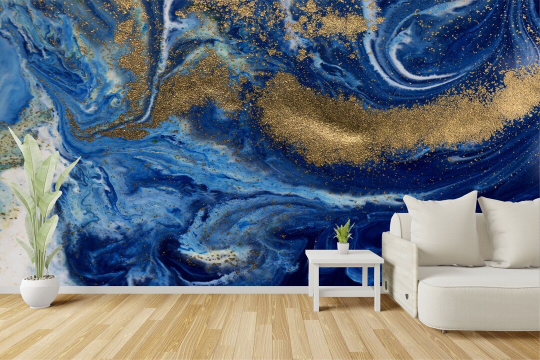 Dark Blue and Gold Marble Peel and Stick Wallpaper Dark Blue Etsy