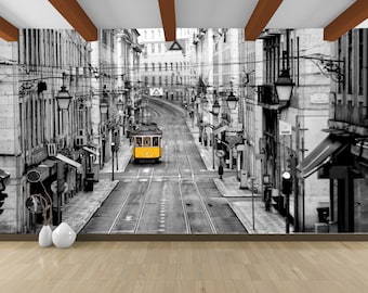 Lisbon Yellow Tram Wallpaper Mural: Alfama Old Streets, Portugal