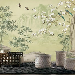 Chinoiserie Wallpaper, Chinoiserie Wall Mural, Peel and Stick Wallpaper or Traditional, Chinese Wall Tapestry, Green Chinoiserie Wallpaper