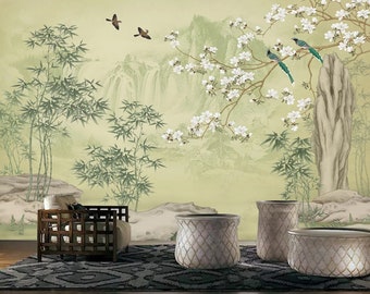 Green Chinoiserie Wallpaper: Flowered Wall Mural, Peel and Stick