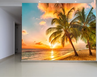 Wallpaper  Ocean, Beach,Palms Sunset Landscape Wall Art, Wall Mural