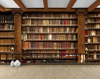 Library Bookshelf Wallpaper Mural: 3D Effect Wall Art