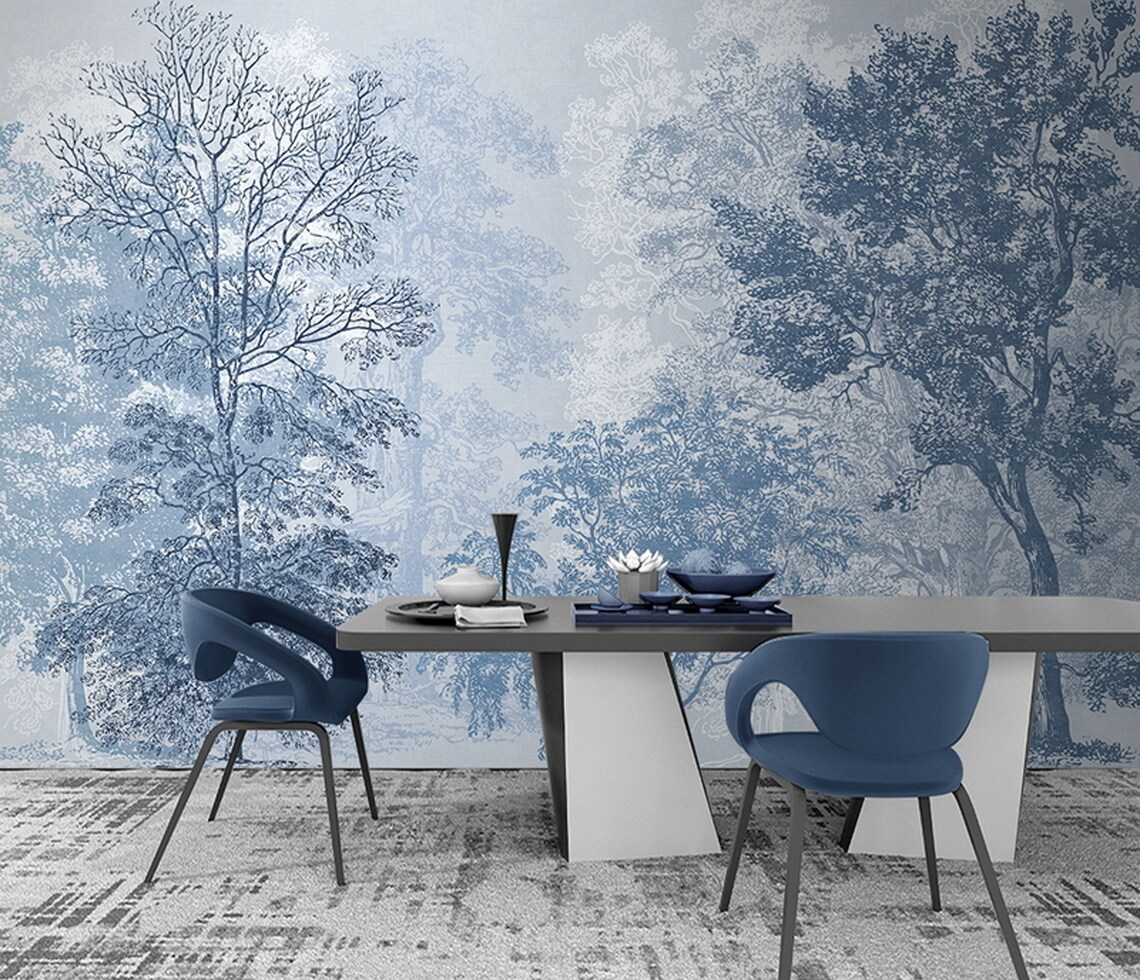 Blue Floral Trees Wallpaper Blue Forest Wallpaper Blue Trees Etsy