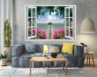 Décalcomanie 3D pour fenêtre avec vue sur la mer : décoration murale paysage insulaire