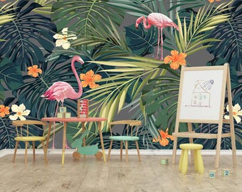 Tropical Pink Flamingo Wallpaper: Vintage Art Deco Botanical Mural